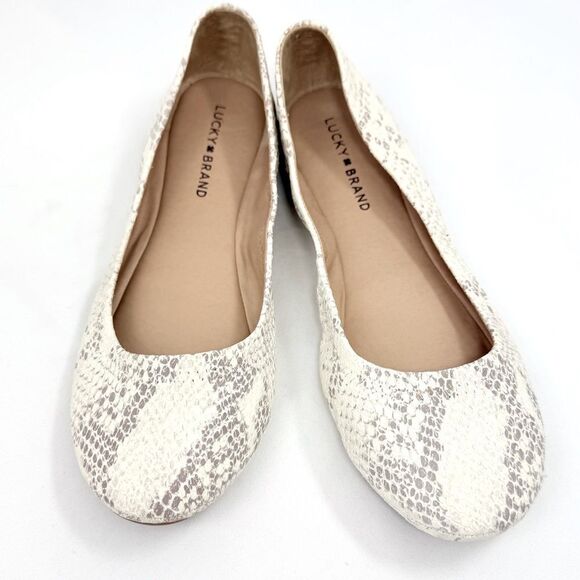 Lucky Brand EMMIE Tan Cream Leather Snakeskin Print Slip On Ballet Flats - Picture 1 of 15